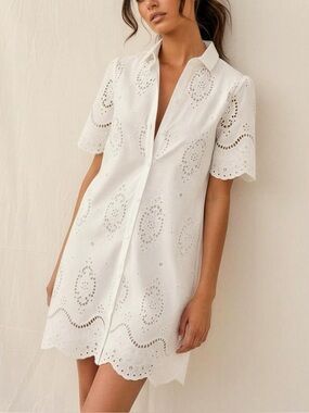 SÉZANE Elvina Embroidered Short Dress, Ecru, FR34/US2